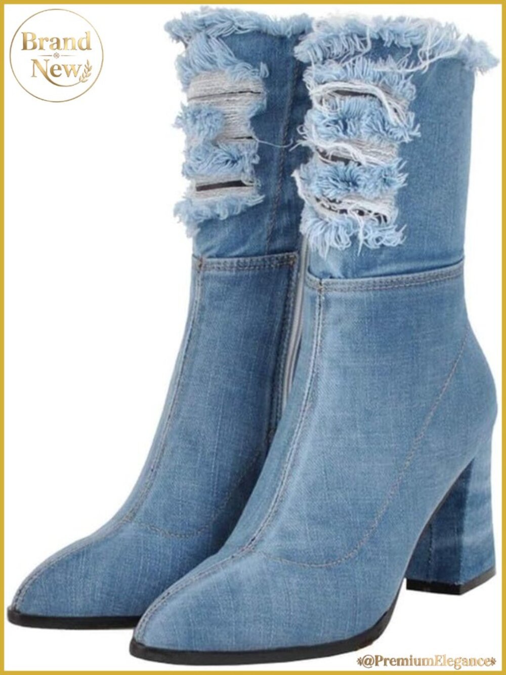 Denim Pointed Toe Chunky Heel Ankle Boots with Side Zipper